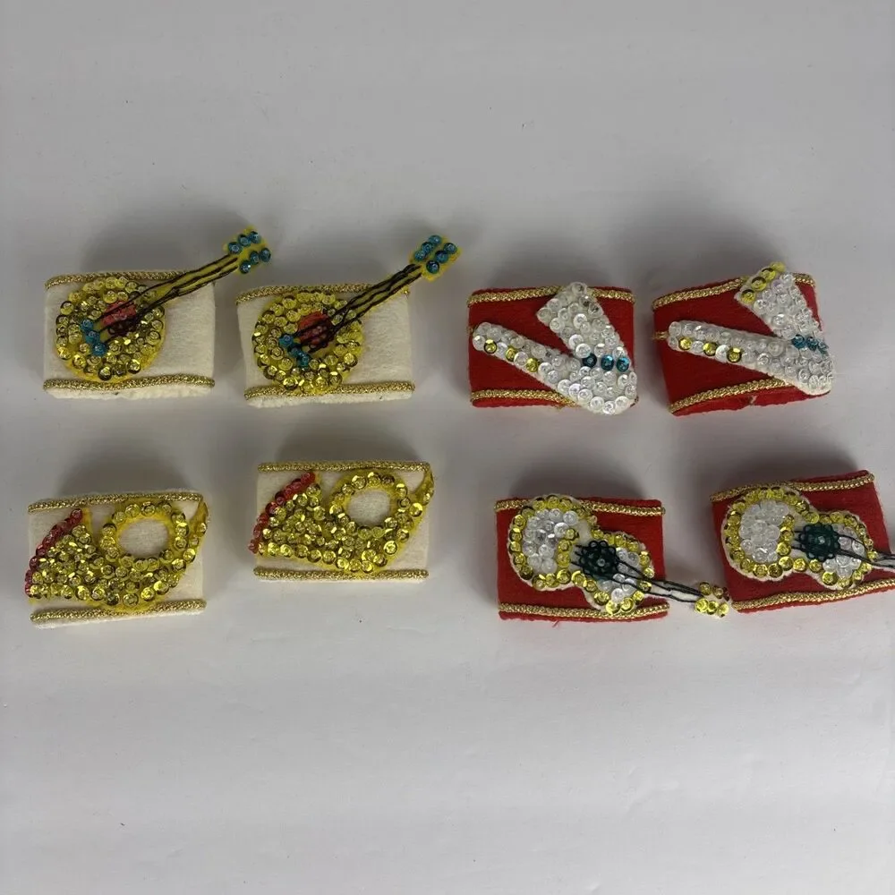 Vintage Homemade Christmas Napkin Rings Set of 8 Musical Instruments Sequins